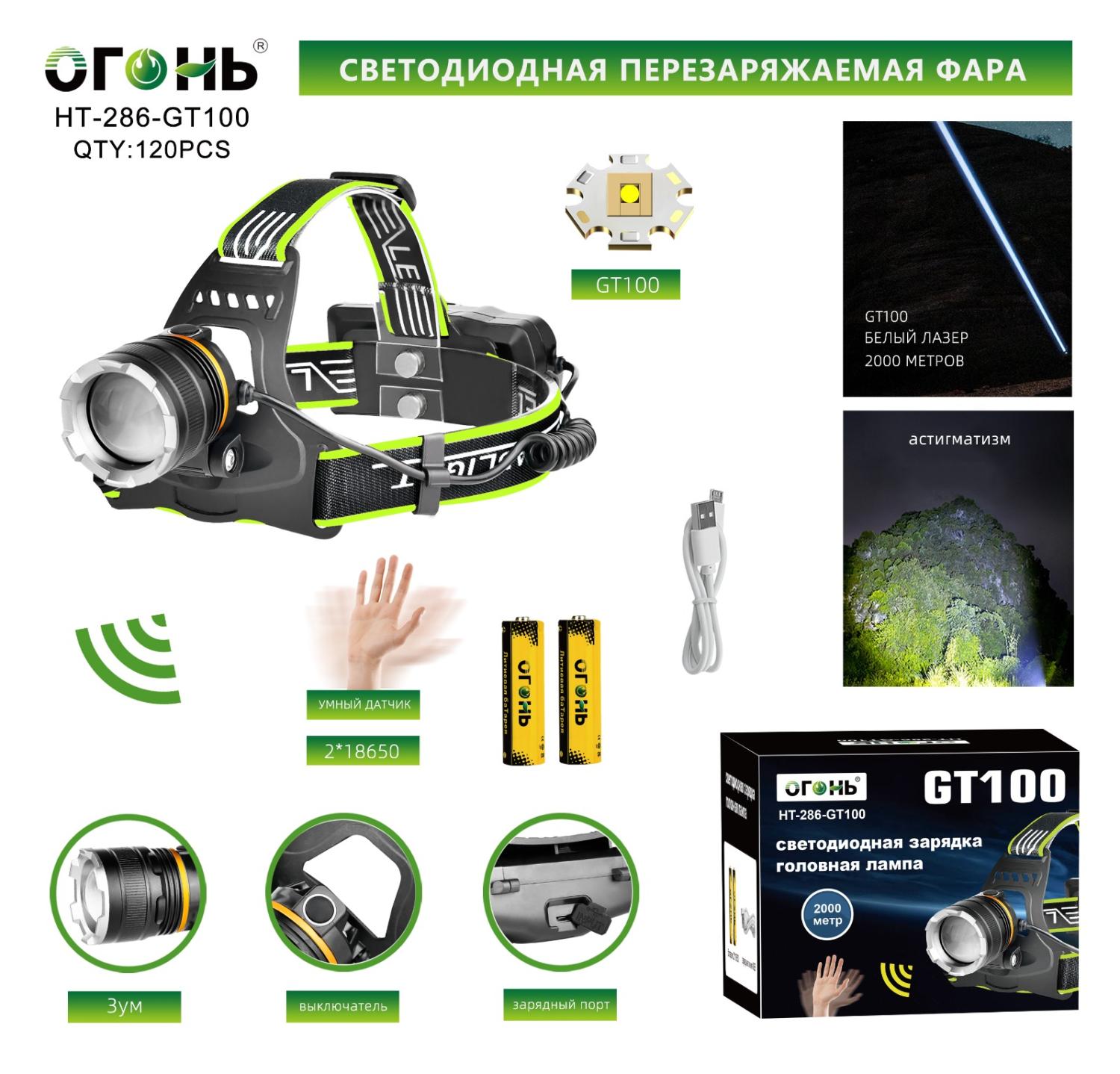 HT-286-GT100 - Фонарь налобный "Огонь", датчик движения (2х18650, шнур зарядки, 3 режима)