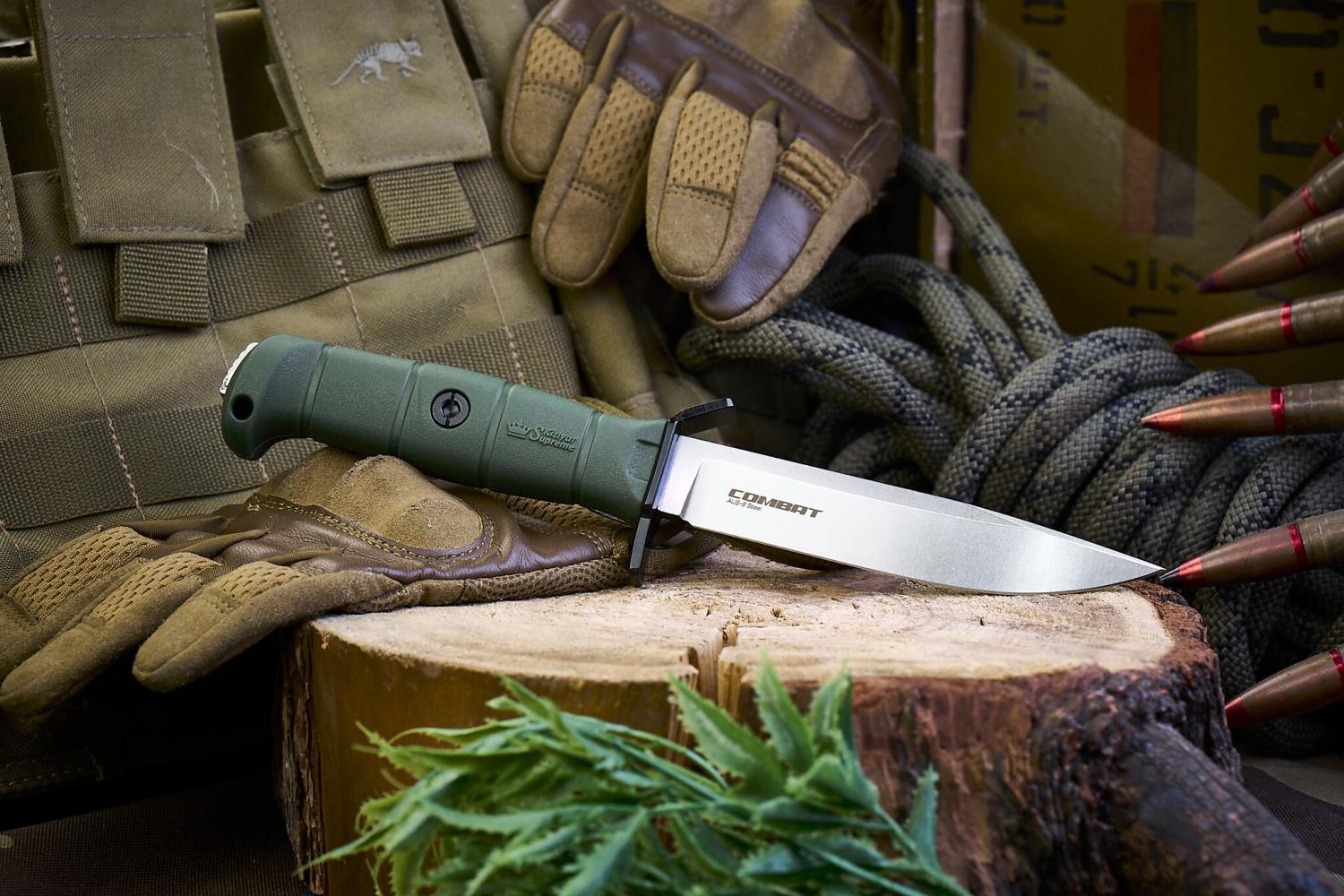 Combat AUS-8 SW OKH PS(Stonewash, Olive kraton handle, нож туристический